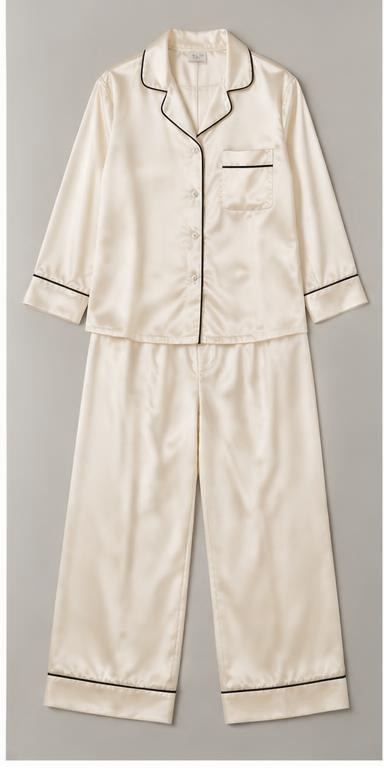 Ivory Silk-Look Piped Night Suit