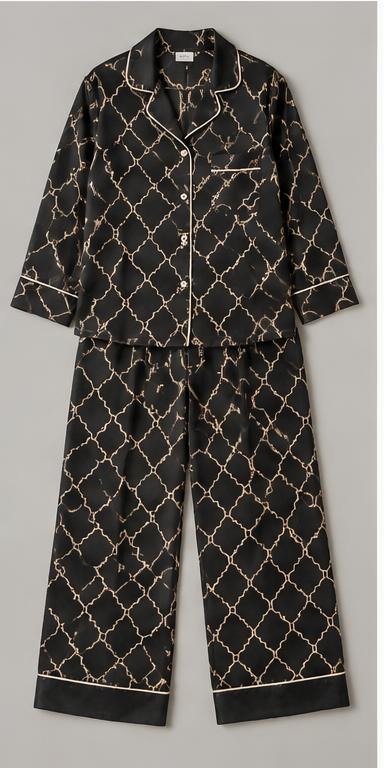 Noir Geometric Satin Night Suit
