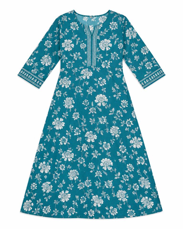 Teal A-Line Printed Kurti