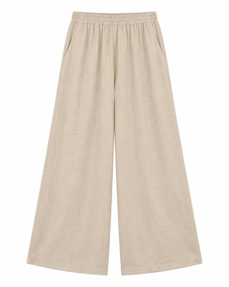 Beige Wide-Leg Cotton Palazzos