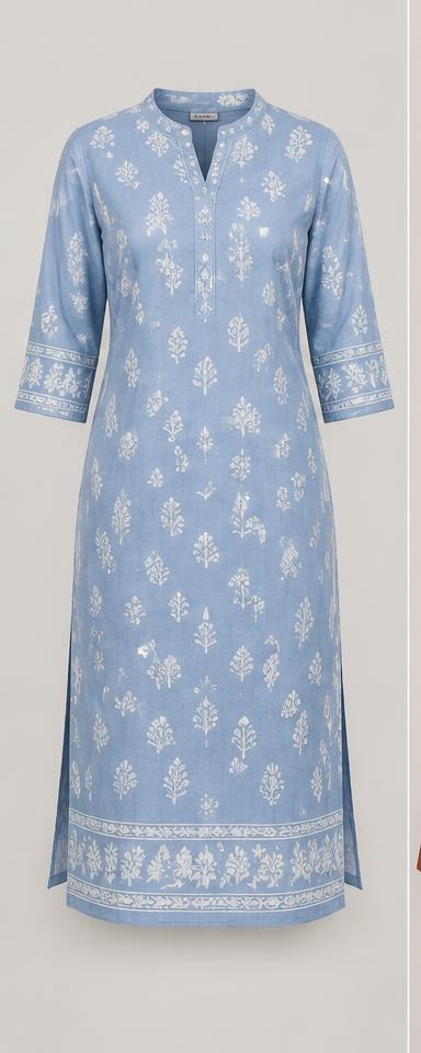 Powder Blue Block-Print Cotton Kurti
