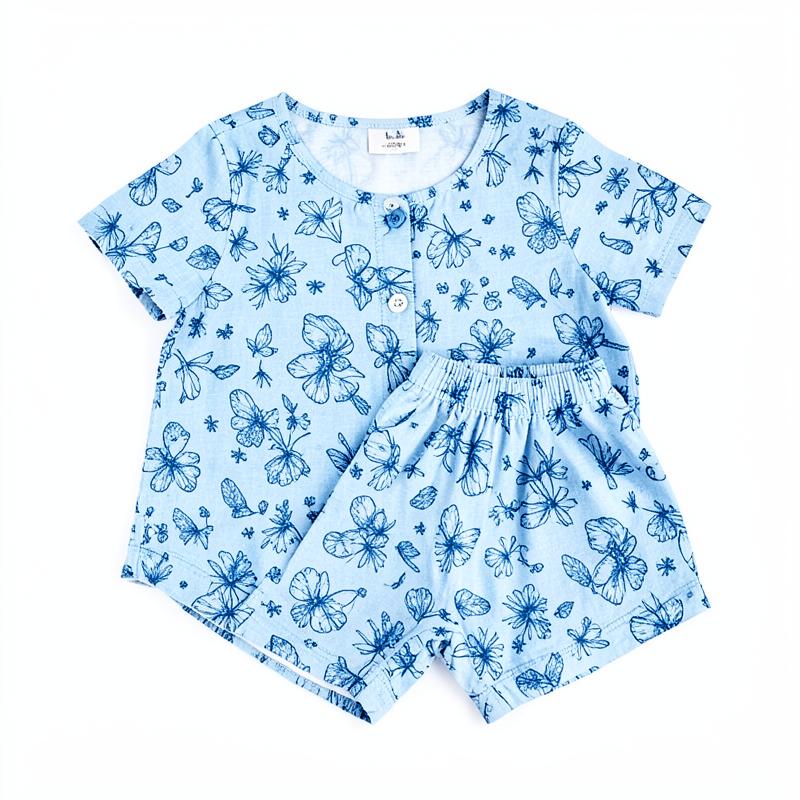 Blue Floral Cotton Jhabla Set