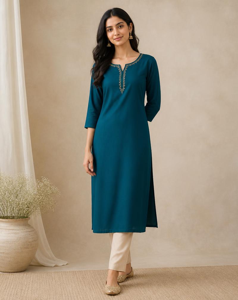 Teal Embroidered Straight Kurti