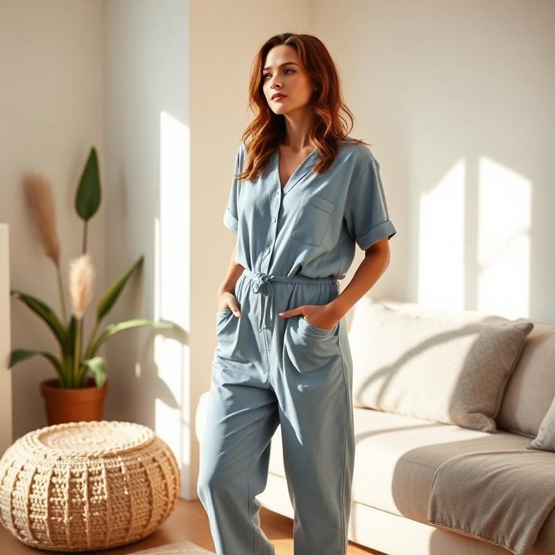 Cotton Lounge Jumpsuit — Dusty Blue