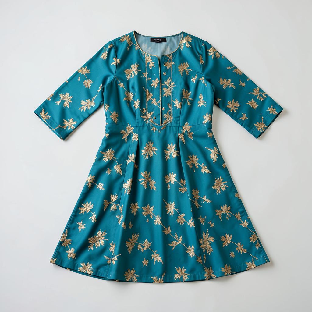 Teal Gold-Print A-Line Kurti
