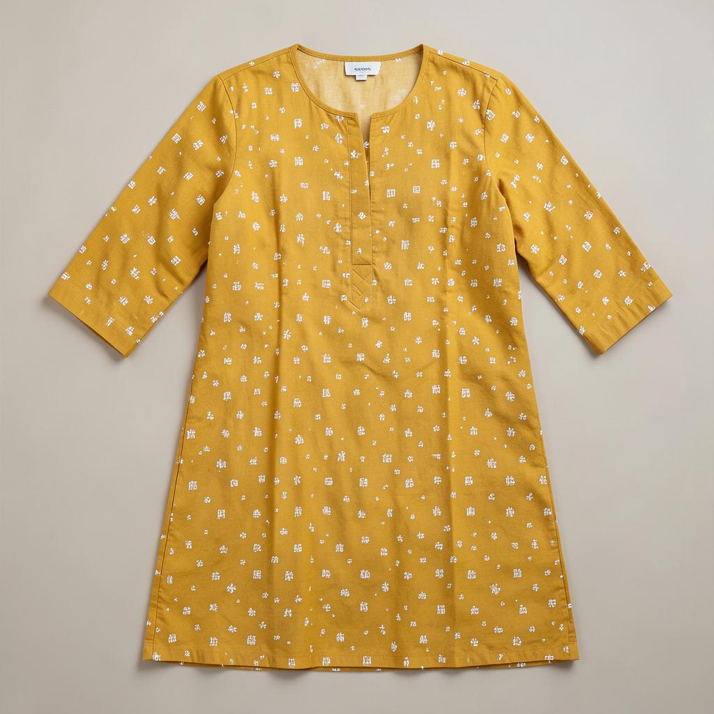 Mustard Block-Print Straight Kurti